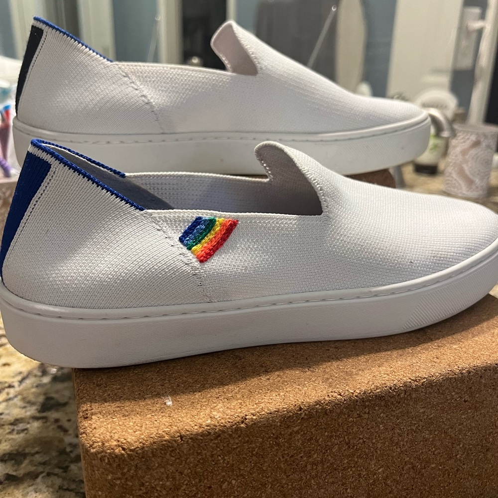 Rothy's limited ed Rainbow pride unicorn slip on white size 9